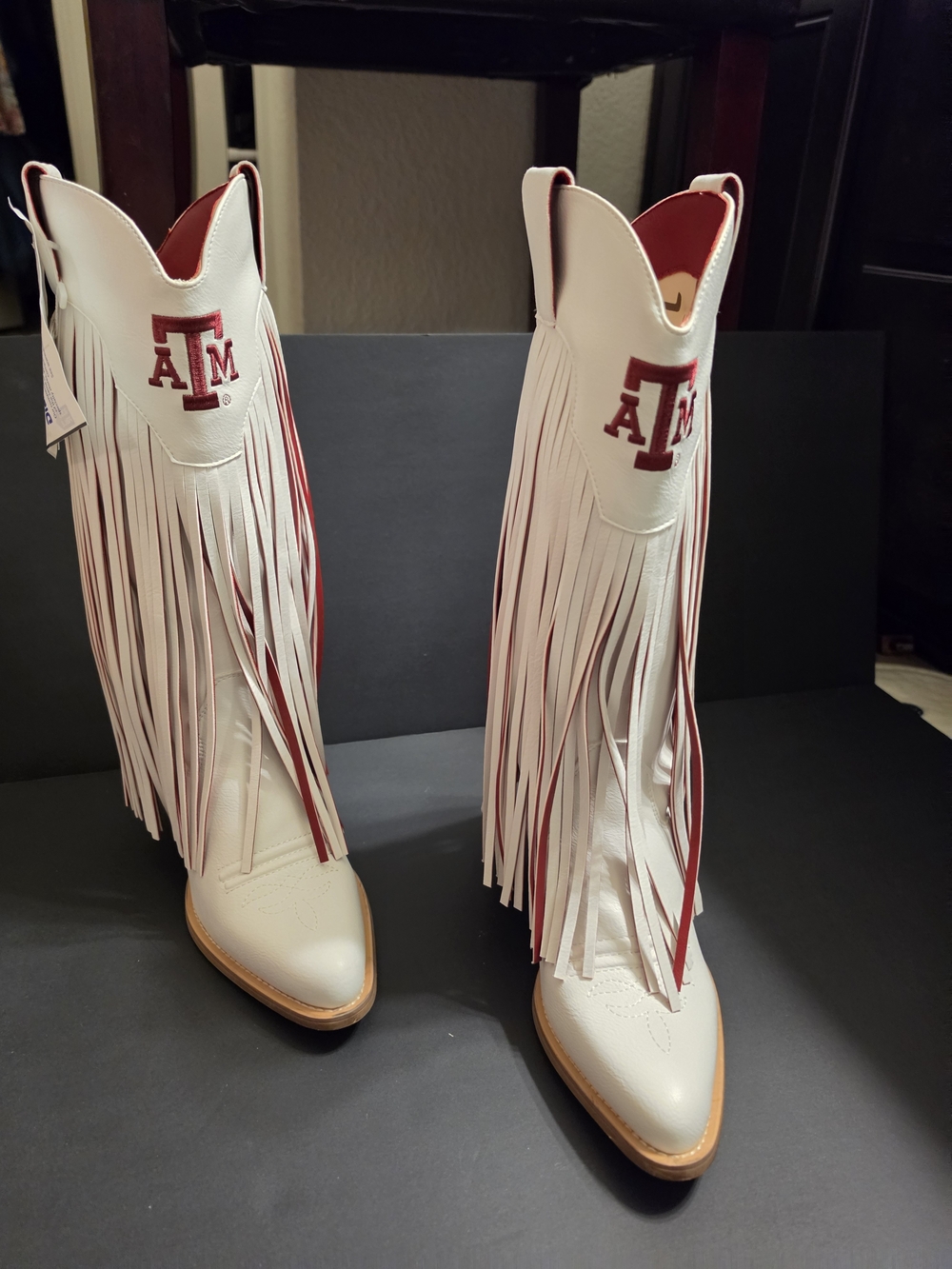 Fringed Western Heeled Boots in White with Maroon Logo